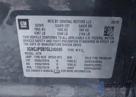 2016 Chevrolet Trax Lt из США, поврежденный, VIN 3GNCJPSB7GL249045